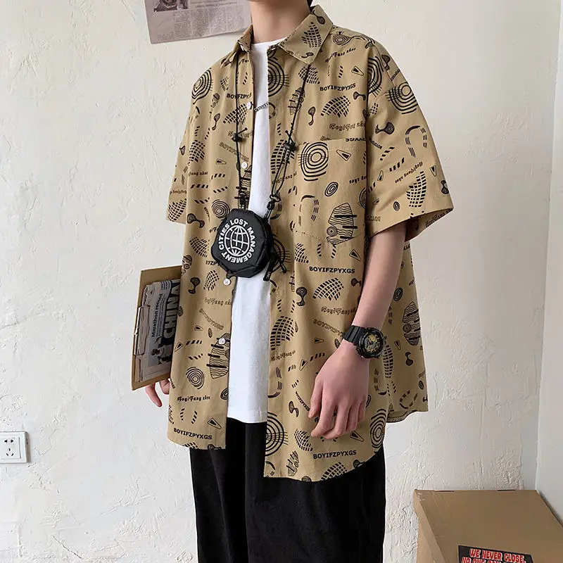 

2020 summer new short sleeved hawaiian shirt casual loose youth handsome print men streetwear Best Free shipping Khaki