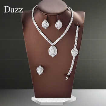 

Dazz 4pc Luxury Plant Round Dangle Necklace Earring Jewelry Set Wedding Zircon Women Dubai Bride Banquet Ring Bangle Sets Gifts