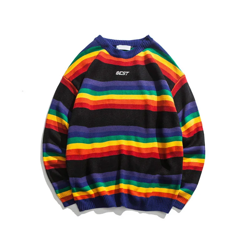 

Rainbow Stripe Pullovers Sweatshirts Men Sweater 2019 New Winter Autumn Letter Embroidery O-neck Korean Style Men Warm Sweater