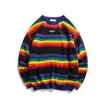 Rainbow Stripe Pullovers Sweatshirts Men Sweater 2019  New Winter Autumn Letter Embroidery O-neck Korean Style Men Warm Sweater