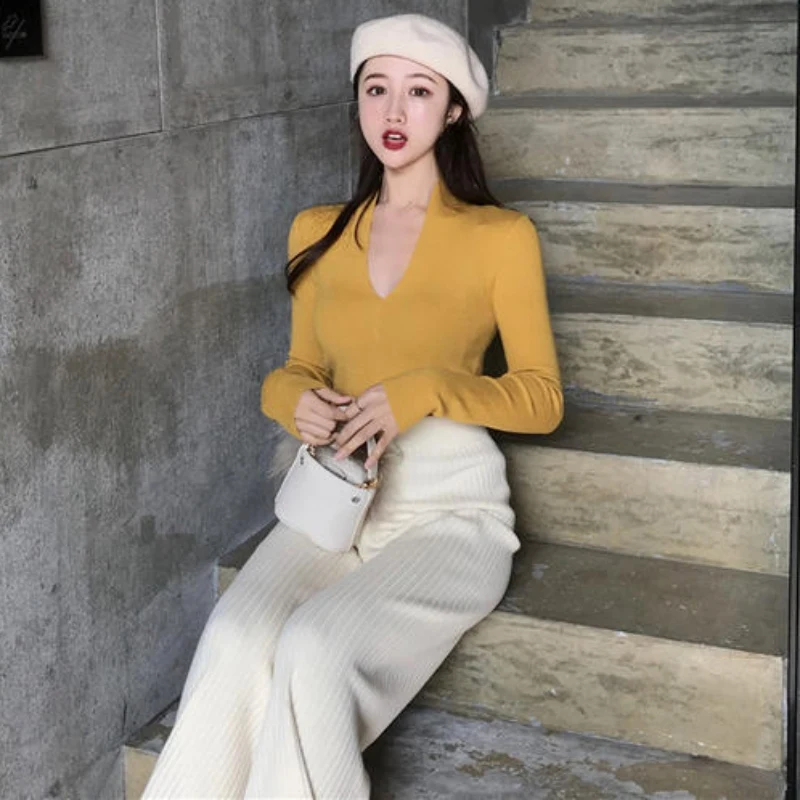 

Korean Elegant Bow Tie Long Sleeve Women Knit Shirt Fashion New Wild V Neck Slim Sweater