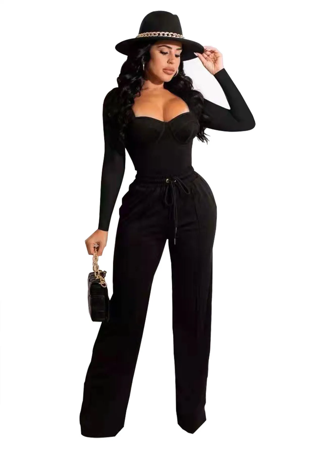 Sexy Strapless 2 Pieces Wide Leg Pants Sets Autumn Long Sleeve Top and Drawstring Logn Pants Casual Solid Tracksuit 2021 Outfits women's bra Tanks & Camis