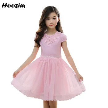 

White Pearl Belt Cap Sleeve Cotton Tulle Knee Length O Neck Lace Dress Girls 4-14 Age Princess Elegant Pageant Dresses For Teens