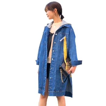 

2019 Spring Autumn Plus size 4XL Denim Trench Coat Women Hooded Jeans Outerwear Female Washed Jeans Windbreaker Long Coat G671
