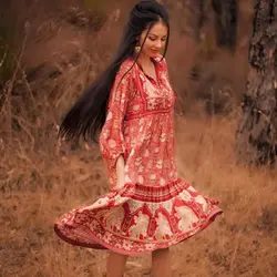 TEELYNN богемное сексуальное платье v-образный вырез с длинным рукавом 2019 красный цветочный принт вискоза женские платья свободные цыганские