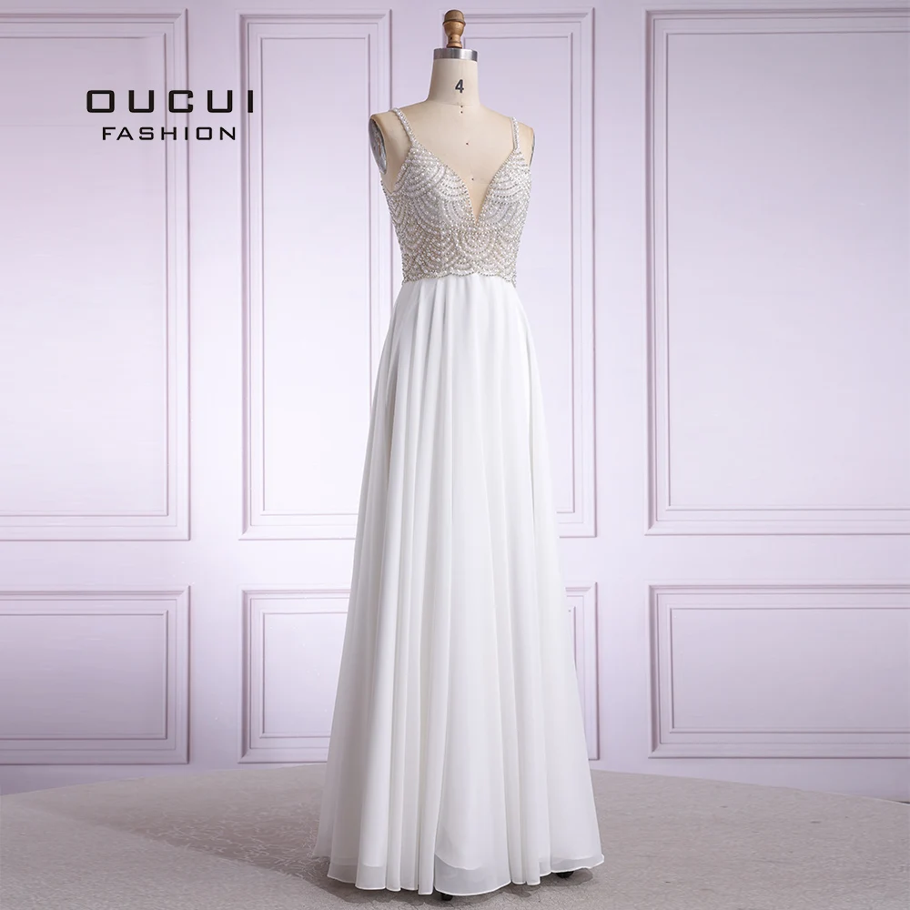 Elegant Women Evening Dress Long White Beaded Rhinestone Party Dress Backless A-line Sleeveless Evening Gown OL103439