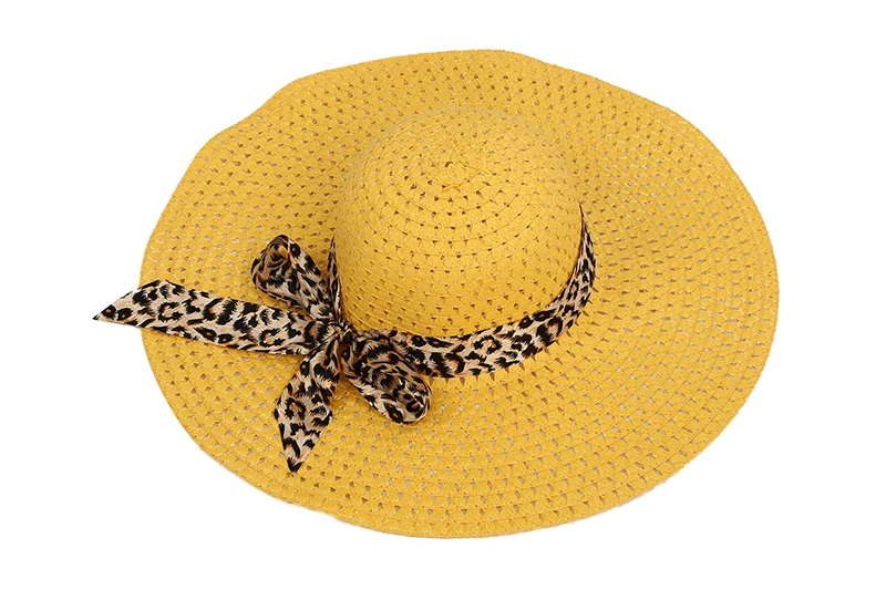 

Yellow Summer Exquisite Leopard Ribbon Bowknot Decorated Openwork Sun Hat For Women