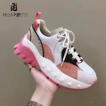 

Prova Perfetto 2020 Fashion Ladies Casual Shoes Flat Platform Leather Sneakers Lace Up Pointed Toe Bottom Thickness Sneakers New