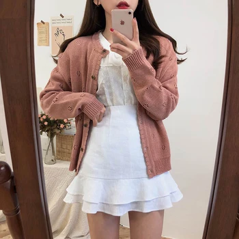 

Retro loose lazy hook flower hollow solid color sweater