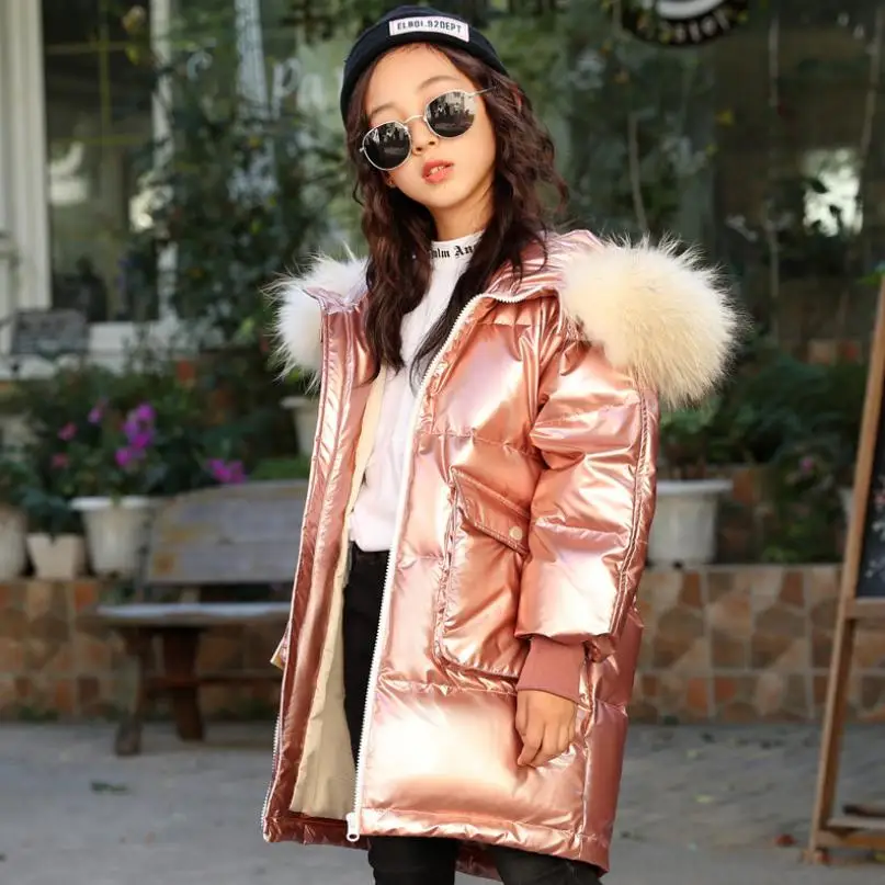 pink От 6 до 14 лет, большие размеры, зимние модные детские глянцевые пуховые пальто толстые теплые парки на утином пуху с капюшоном детские пуховики modis Y2313 - Цвет: pink