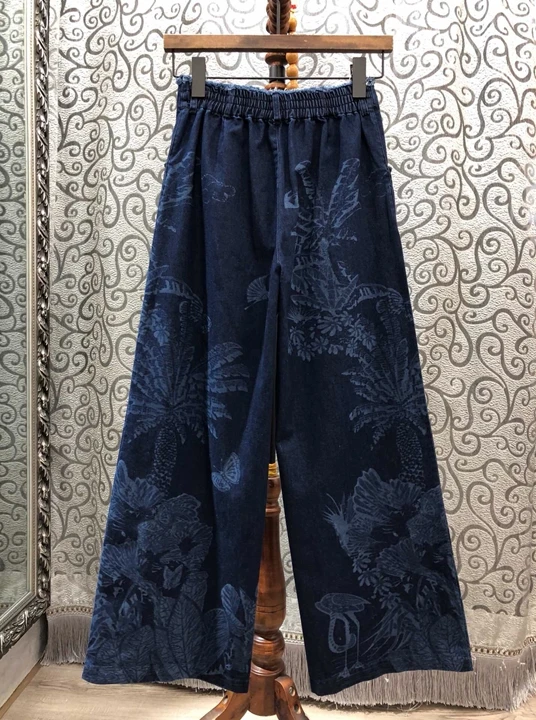 

New 2019 autumn winter women denim jeans pants elastic waist tassel Japaness style patterns print wide leg trousers blue