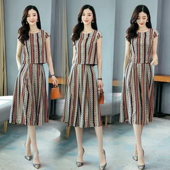 

two piece set Fashion suit 2020 summer women's new product Korean striped T-shirt wide-leg pants two-piece suit