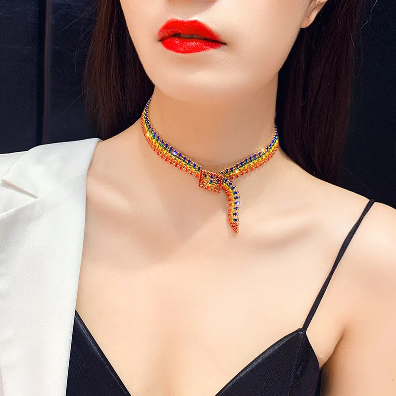 

Colorful Rhinestone Rainbow Neckalce Women Fashion Jewelry 2019 New Statement Choker Collares Temperament Pendants All Match