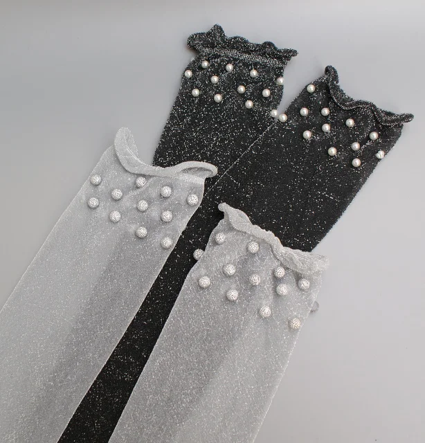 

2 pairs lot silk socks with beads silver wire gray girls crew sock