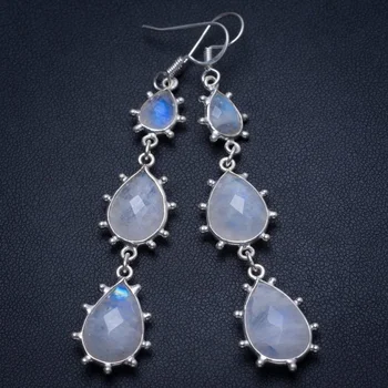 

Natural Rainbow Moonstone Handmade Indian 925 Sterling Silver Earrings 2 3/4" T4082