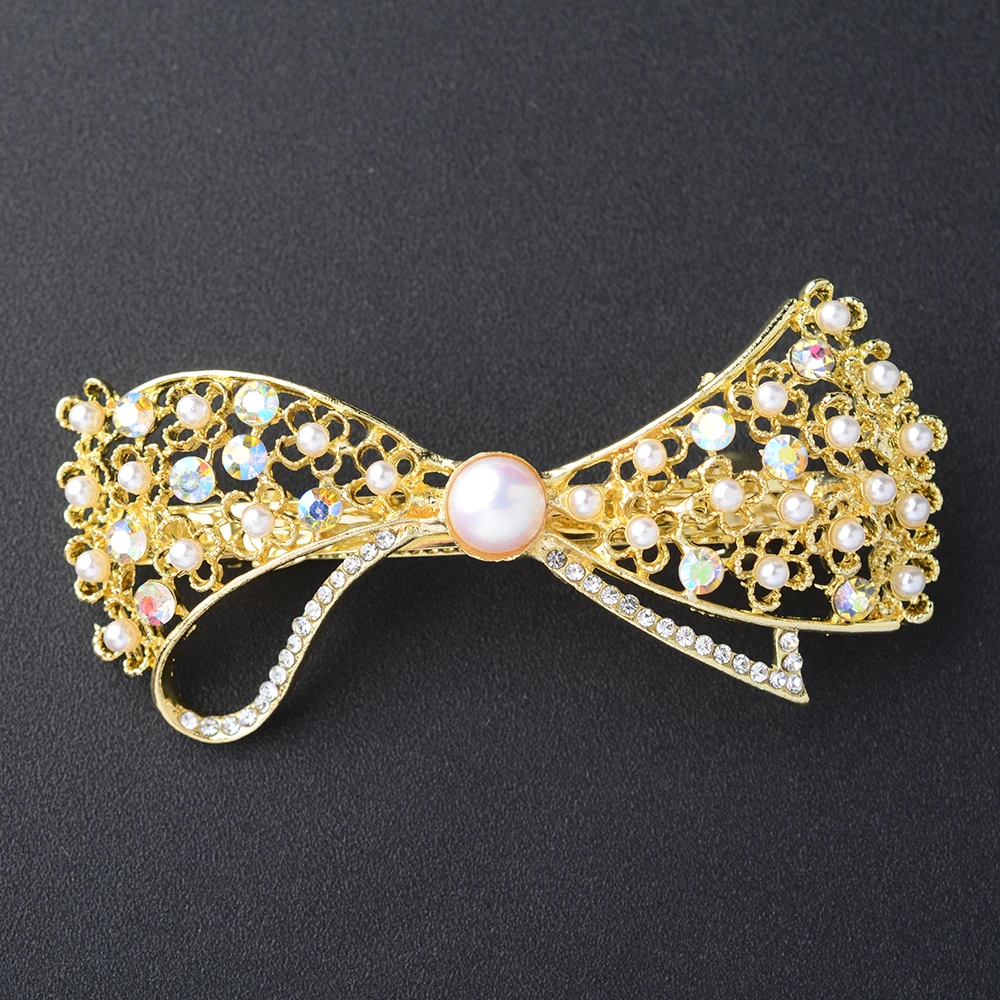 

70*30MM DIY Gold Plated Drill Pinch Cock Hair Clips Bowknot Pearl Hairpins
