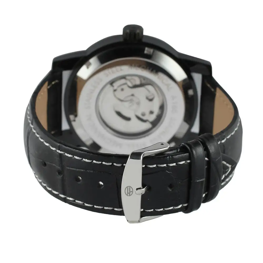 FORSINING Брендовые мужские деловые часы с кожаным ремешком, роскошные повседневные мужские автоматические черные часы, мужские наручные часы с датой