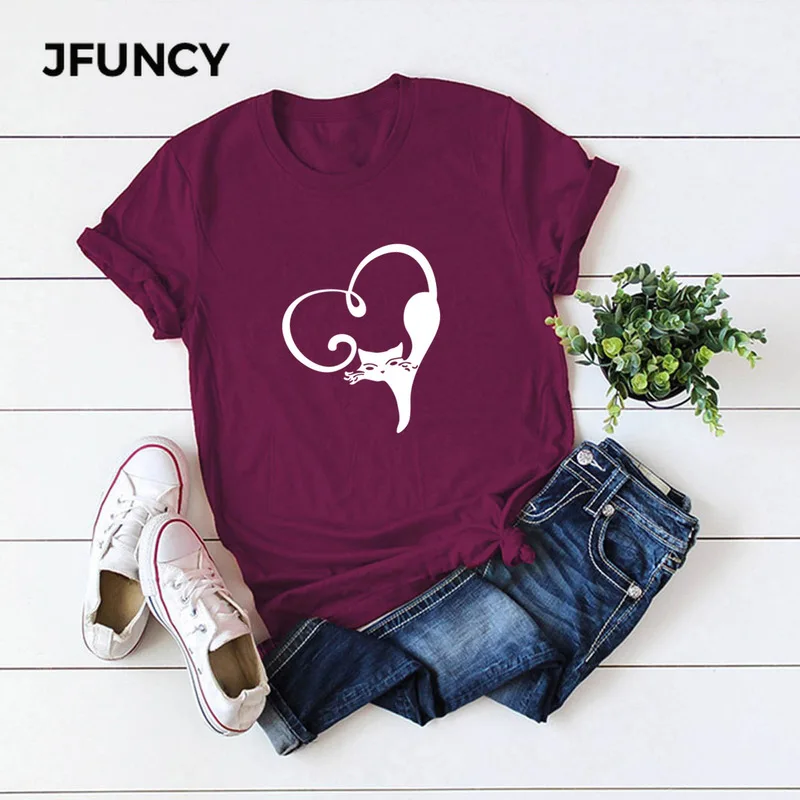 

JFUNCY 2020 Summer Plus Size Tees Women Cotton T Shirt Oversize Short Sleeve Loose Female Tops Cute Cat Love Print Lady T-shirt