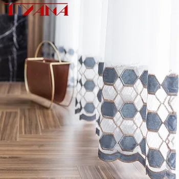

Luxury Geometric Embroidered Sheer Voile Curtains Window Drapes Cortina for Living Room Door Curtains Tulle Windows T281#4