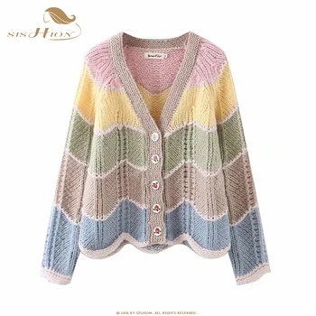 

SISHION 2020 New Spring Rainbow sweater cardigan Slim Wlid Women's Jackets Coat V-Neck Rose Button Sweater SP0905