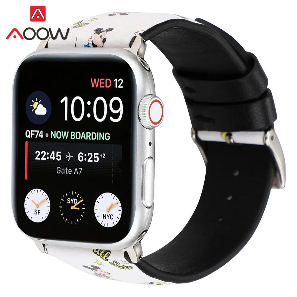 Мультфильм кожаный ремешок для наручных часов Apple Watch 38 мм, 42 мм, 40 мм 44 Микки рисунок «Hello Kitty», сменный ремешок для наручных часов, ремешок