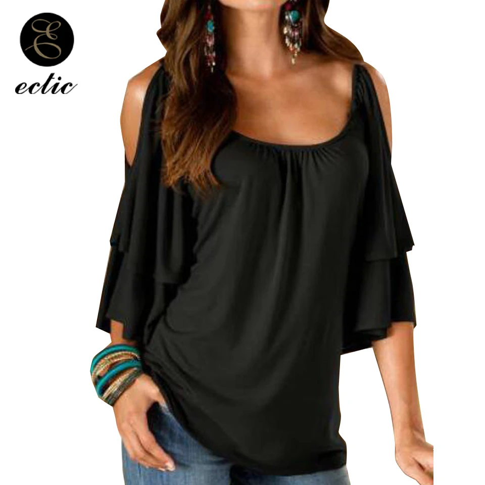 Ruffle Sleeve Top Double Layer Shirt Cold Shoulder Scoop Neck Pleated Milk Silk Slip Hipster T Women Solid Color Xxl|Футболки| |