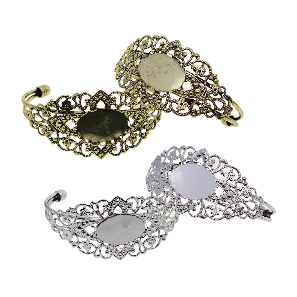 Phenovo-4x Filigree Flower Adjustable Bangle Blank Bezel Base Settings silver color Bronze