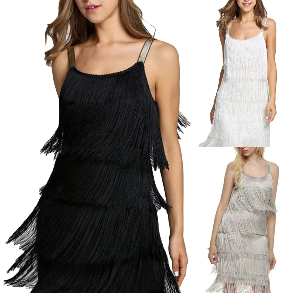 Sexy Summer Flapper Women Dance Party Beach Fringe Low Cut Sleeveless Dress