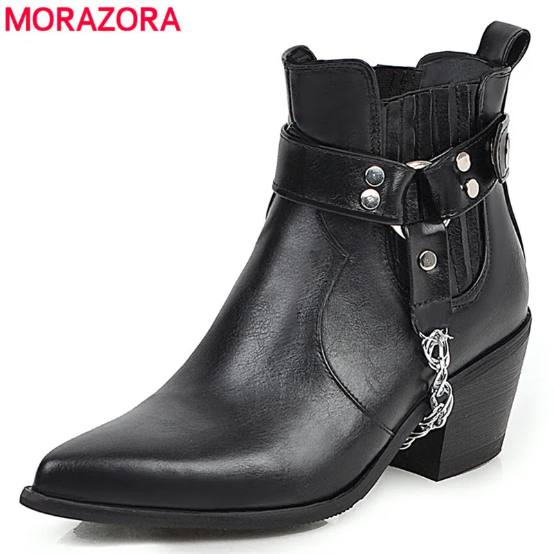 MORAZORA/ г.; Лидер продаж; модная однотонная обувь с пряжкой; женские ботинки; ботильоны с острым носком на высоком толстом каблуке; большие размеры