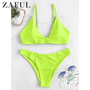 

ZAFUL Bikini Back Tie Set Padded Spaghetti Straps Solid Swim Suit Pullover Women Summer Swimwear Bathing Back Lace Up Bikini Set
