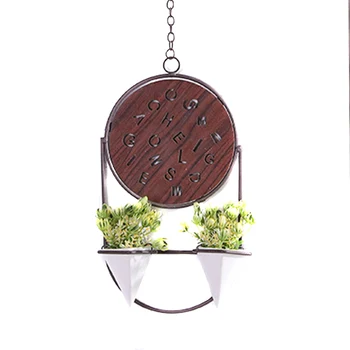 

Wall Hanging Flower Pot Wrought Iron Decorative Simulation Flower Pot European Style With Round Wood Board Decoration HFing