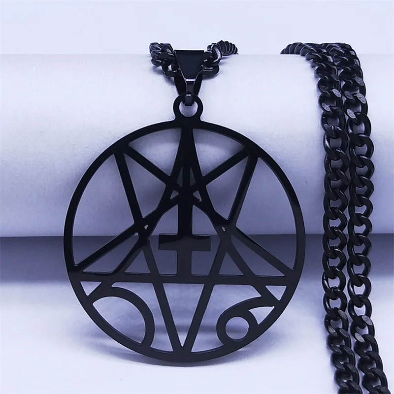 Stainless Steel Inverted Cross Occult Pentagram Chain Necklace Black Color Satanic Gothic Satan Necklaces Jewelry N1159S06