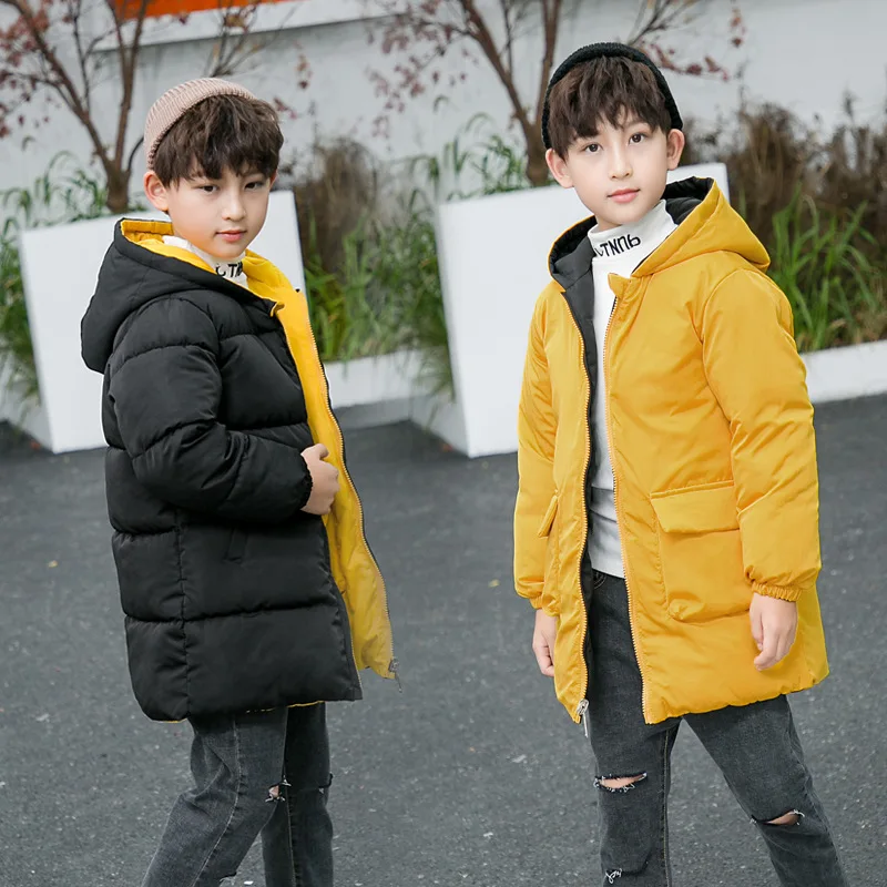 Детская одежда с двух сторон зимняя куртка утепленное однотонное Детское пальто с хлопковой подкладкой парки с капюшоном для мальчиков и девочек От 4 до 10 лет - Цвет: Black Yellow