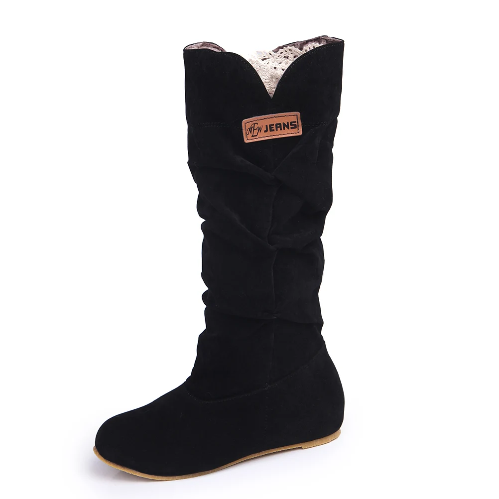Черный Women Fur Knee High Boots Fashion Flock Plush Padded Winter Snow Boots Casual Flat Heels Lace Warm Black Brown Long Boots Ladies - Цвет: Черный