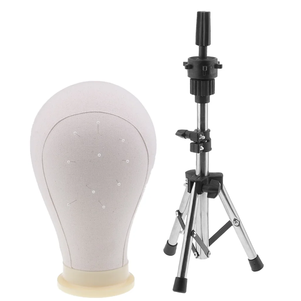 Mannequin Model Cork Canvas Block Head for Wig Cap Making w/ Adjustable Tripod Stand and 10pcs Pins