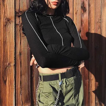 

Hip Hop Women Short Shirt Round Neck Long Sleeve Fsplice Short T-shirt New Fashion Simple Female Gothic Punk Wild Black Tops