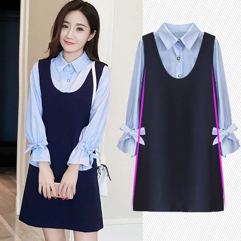 

Pregnant Women New Style Autumn Clothing Korean-style Stripes Really Fake Two-Piece Tops Long Sleeve Bell Sleeve Pregnant Women