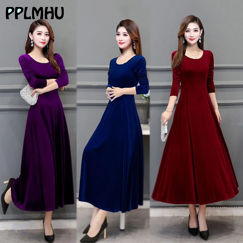 

Plus Size 4XL 3XL Maxi Velvet Dress Middle Aged Women Casual Spring O-neck Loose Long Sleeve Basic Dress Vintage Vestidos Red