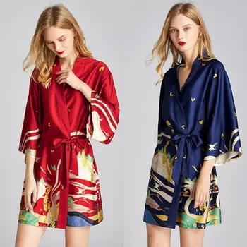 

THINKTHENDO Women Imitation Silk Kimono Robe Dunhuang Mural Nightgown Exotic Belted Bathrobe