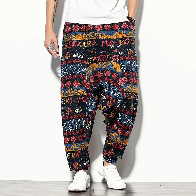 

2019 Autumn And Winter New Style Chinese-style Men Nepal Casual Pants Loose-Fit Printed Cotton Linen Baggy Pants Harem Pants