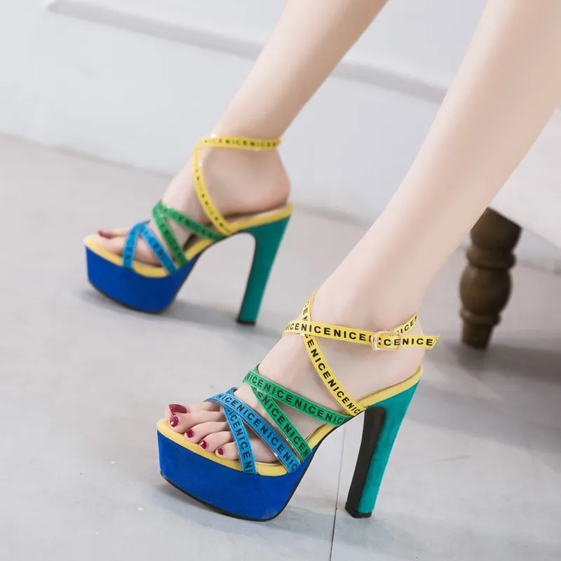

Thick Heel Model T Stage Walking Show Shoe Color Matching Sexy Night Club Super High Heel Sandals Women