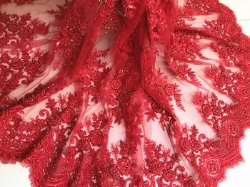 

1Y/Lot Red beaded car bone lace fabric high quality custom clothing dress transparent embroidery fabric