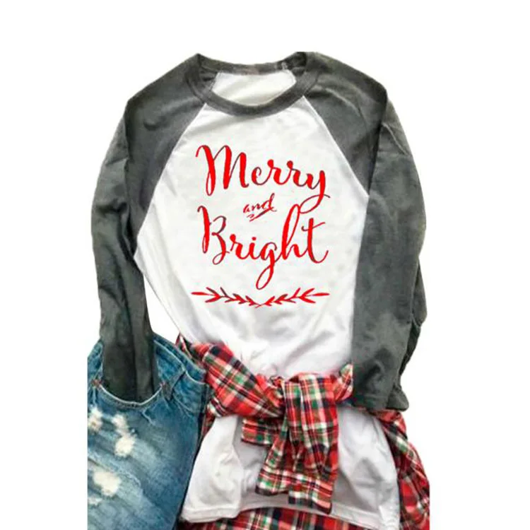 

2020 Autumn Winter New Nice Christmas Print Top Women's Long Sleeve T Shirt Casual Letter Merry And Bright Tee Shirt