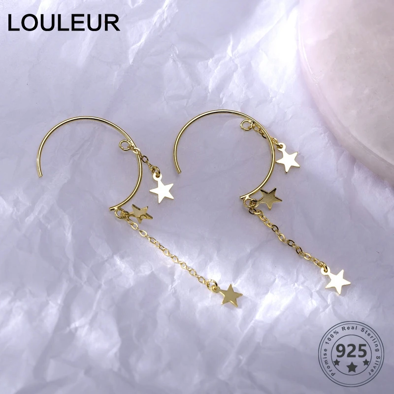 LouLeur, 925 пробы, серебряные серьги пентаграмма, элегантные полукруглые серьги в виде звезды с кисточками для женщин, вечерние ювелирные изделия, подарки для девушек