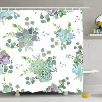 

Shower Curtain Set with Hooks 66x72 Funky Green Gardening Leaf Pastel Colorful Succulent Plant Print Florist Echeveria Nature