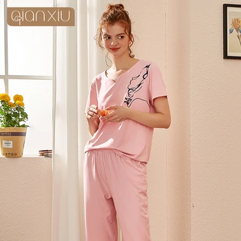 

Short sleeve cropped pants pajamas women's summer two-piece suit modal cotton thin casual large size home clothes can go out