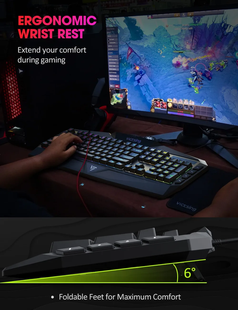 VicTsing PC225 Gaming Keyboard Rainbow LED Backlit Wired Membrane keyboard With Mechanical Feeling Ergonomic Design 112 Keycaps (3)