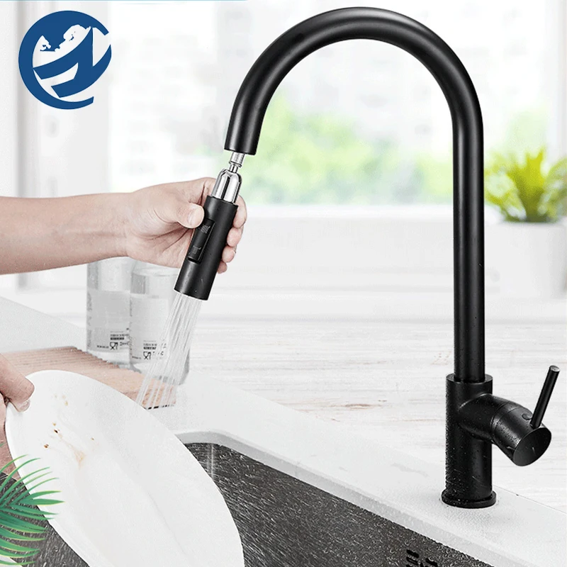 Высококачественный кухонный смеситель из черной латуни/304 выдвижной кран для