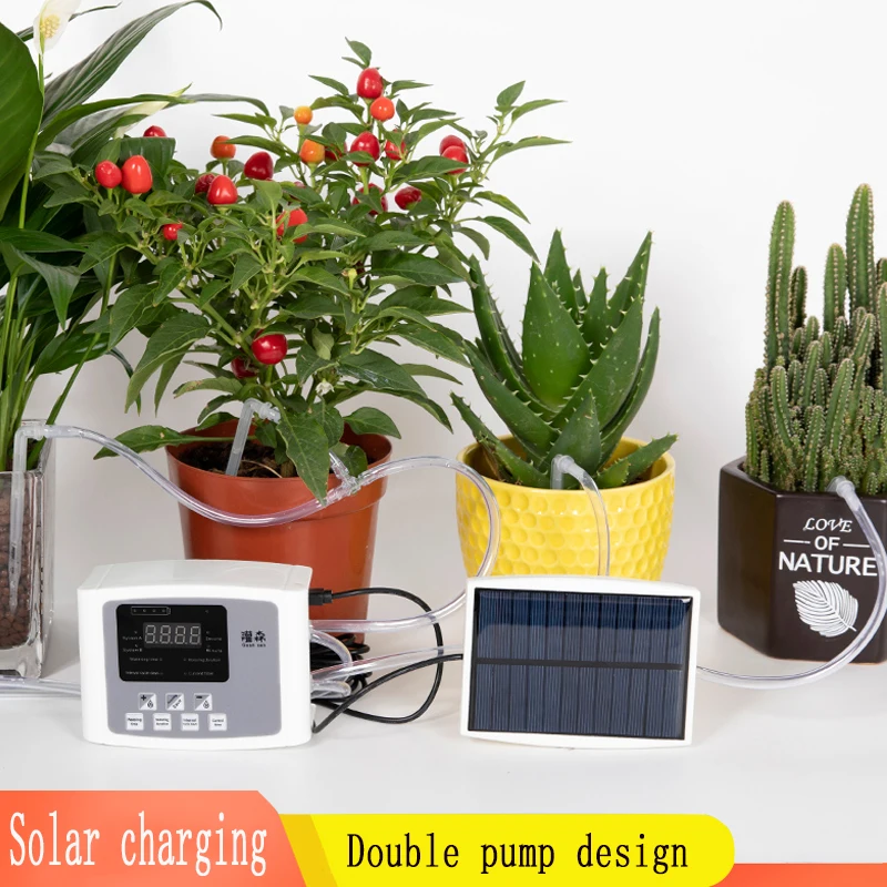 Système d'arrosage à goutte à énergie solaire simple pompe double appareil d'arrosage automatique minuterie kit d'auto-arrosage de jardin pour fleurs D 