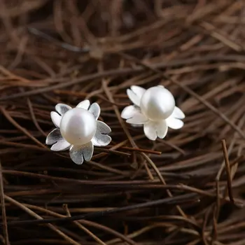 

FNJ 925 Silver FLower Stud Earrings for Women Jewelry New Fine 100% Pure S925 Sterling Silver Earring Natural Freshwater Pearl